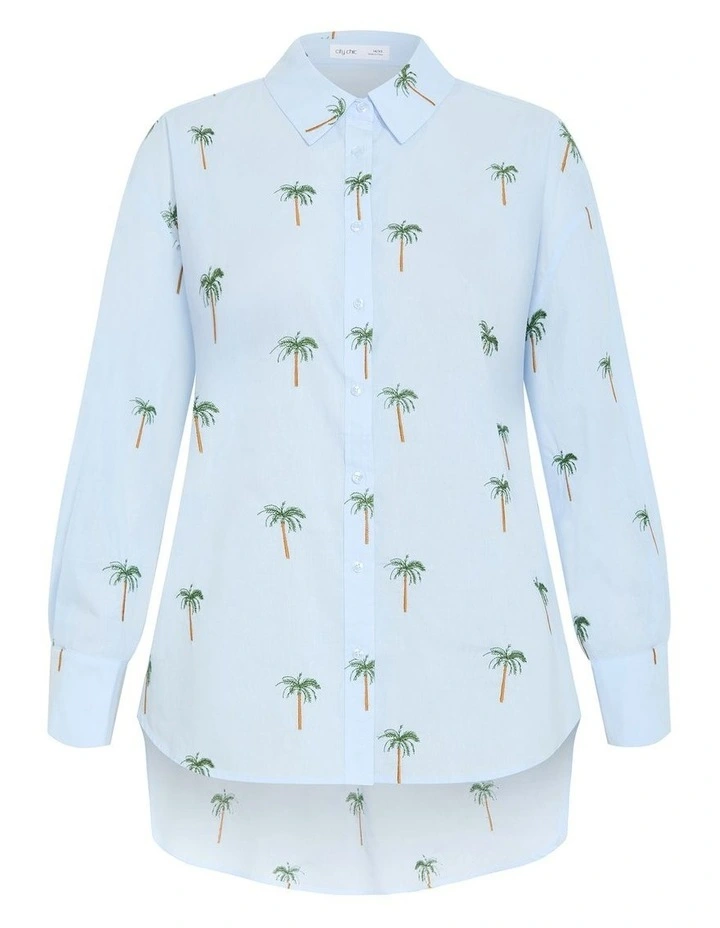 Embroidery Palm Print Cotton Shirt in Sky Blue image 3