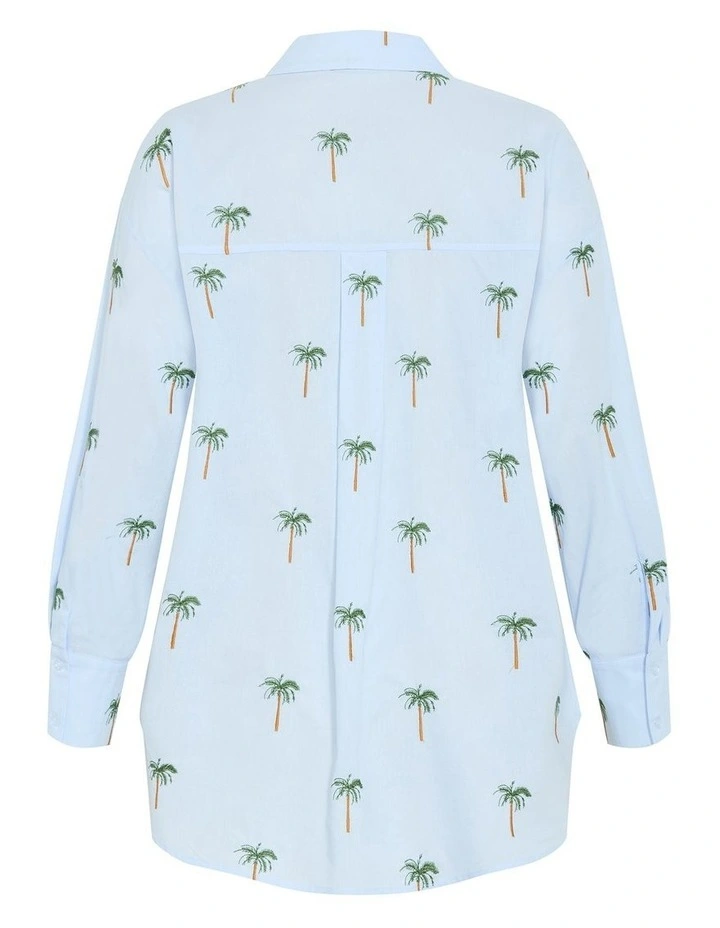 Embroidery Palm Print Cotton Shirt in Sky Blue image 4
