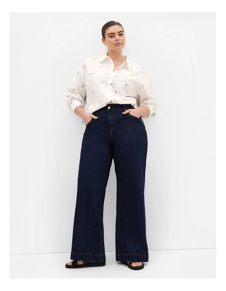 Embroidery Floral Print Cotton Shirt in ivory image 1