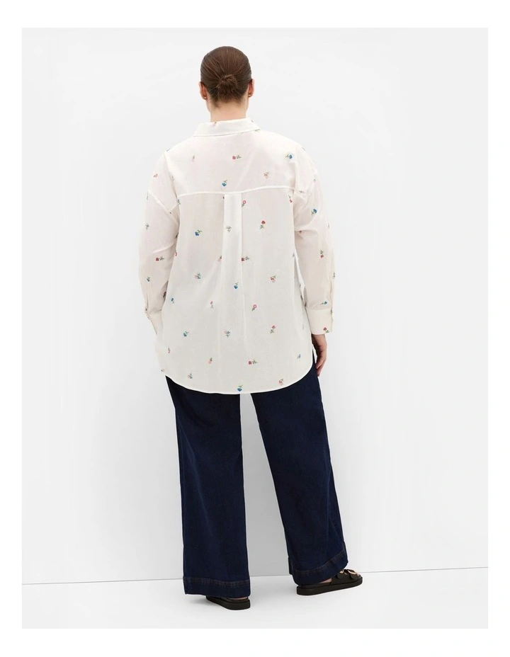 Embroidery Floral Print Cotton Shirt in ivory image 2