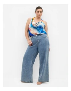 Chloe Facet Print Cowl Neck Top in Ocean