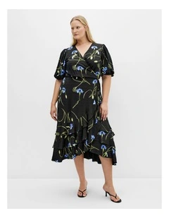 Bea Floral Print Wrap Midi Dress in Black