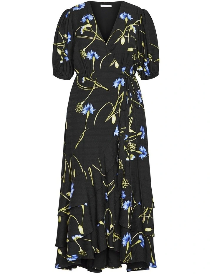 Bea Floral Print Wrap Midi Dress in Black image 3