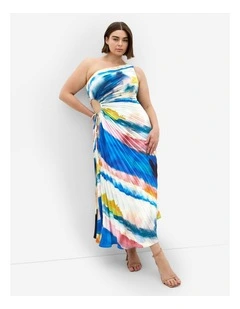 Aliza Facet Print Pleat Maxi Dress in Ocean