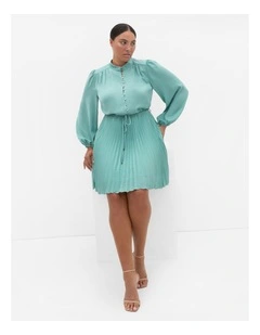 Halle Long Sleeve Pleat Mini Dress in Sage