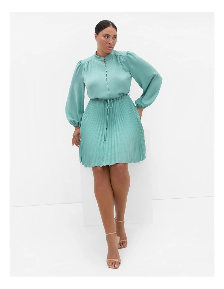 Halle Long Sleeve Pleat Mini Dress in Sage image 1