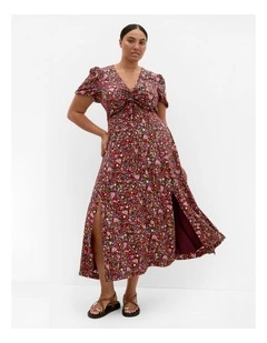Aliya Ditsy Print Maxi Dress in Burgundy