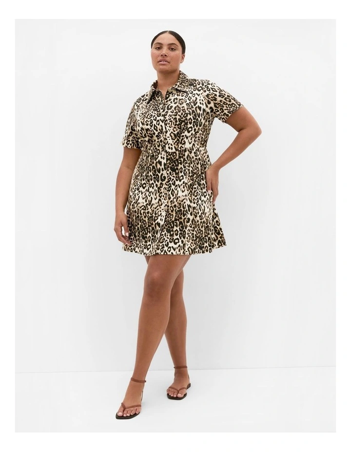 Leopard Stretch Drill Mini Shirt Dress in Taupe image 1