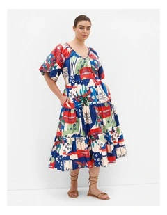 Fantasy Marine Print V Neck Dress in Bone