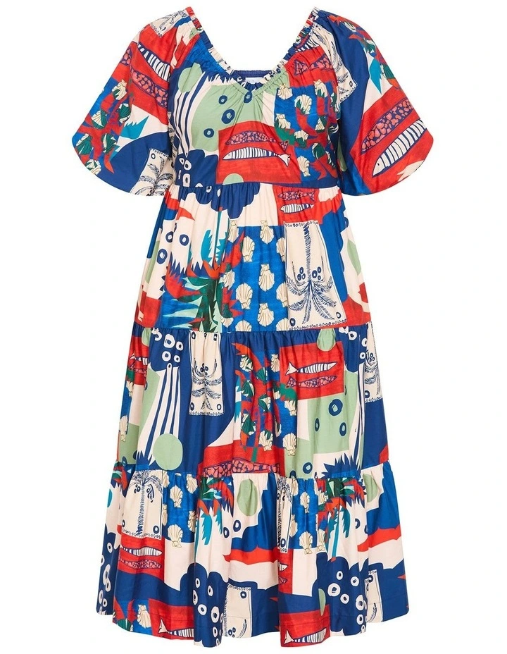 Fantasy Marine Print V Neck Dress in Bone image 3