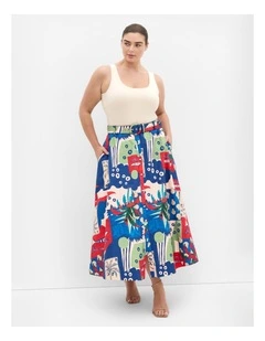 Elysia Marine Print Belted Cotton Skirt in Bone