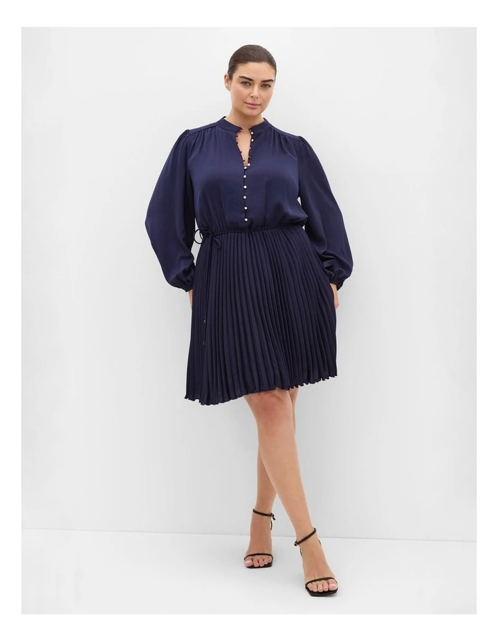 Halle Long Sleeve Pleat Mini Dress in Navy image 1