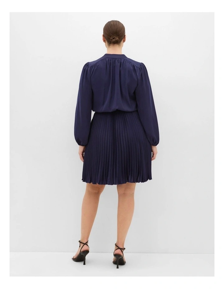 Halle Long Sleeve Pleat Mini Dress in Navy image 2