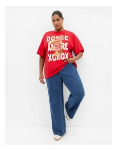 Oversized Rose Print Tee in Red