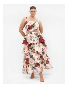 Bianka Botanical Print Tiered Skirt in Creme