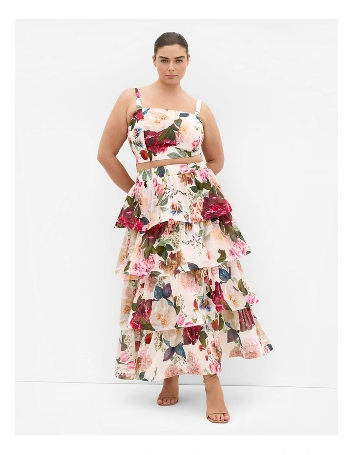 Bianka Botanical Print Tiered Skirt in Creme image 1