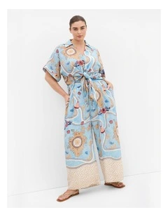 Postcard Voyage Print Wide Leg Pant in Sky blue