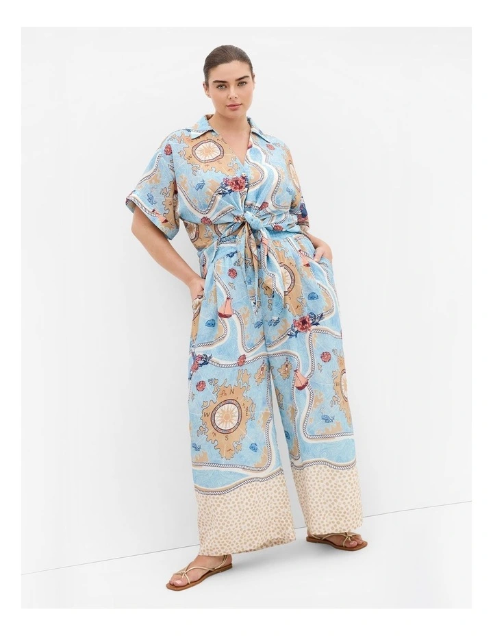 Postcard Voyage Print Wide Leg Pant in Sky blue image 1