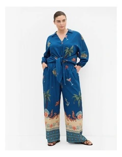 Tia Sea Print Wide Leg Pant in Marine Navy