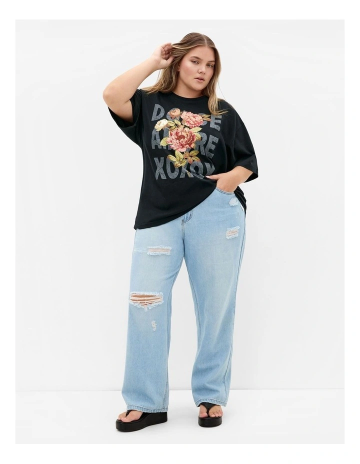 Oversized Rose Print Tee in Black image 1