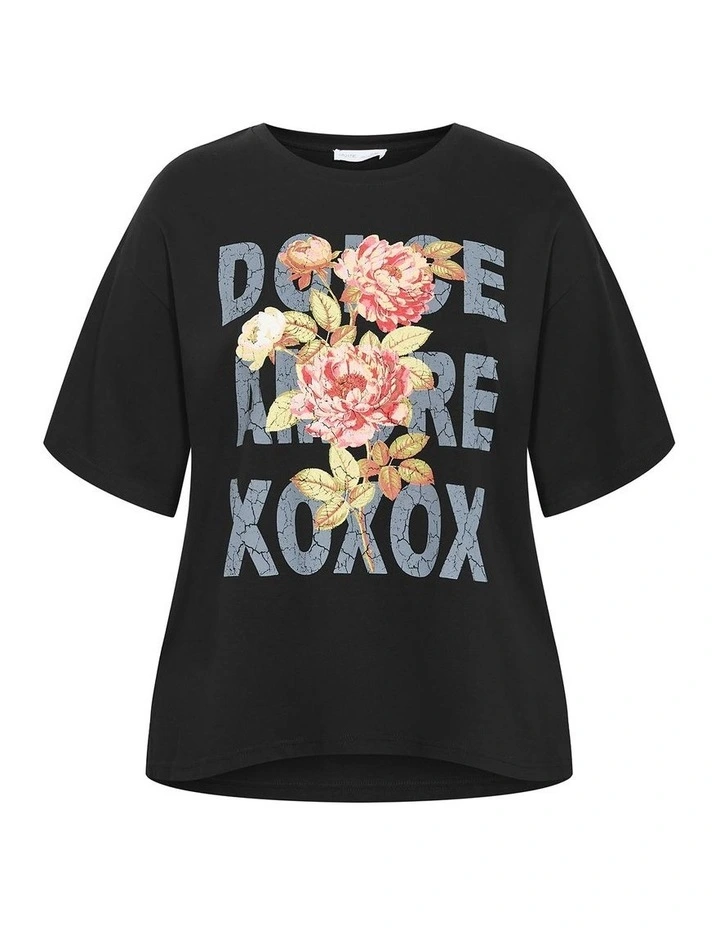 Oversized Rose Print Tee in Black image 3
