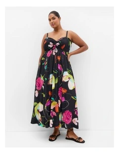 Malina Sketch Print Shirred Maxi Dress in Black