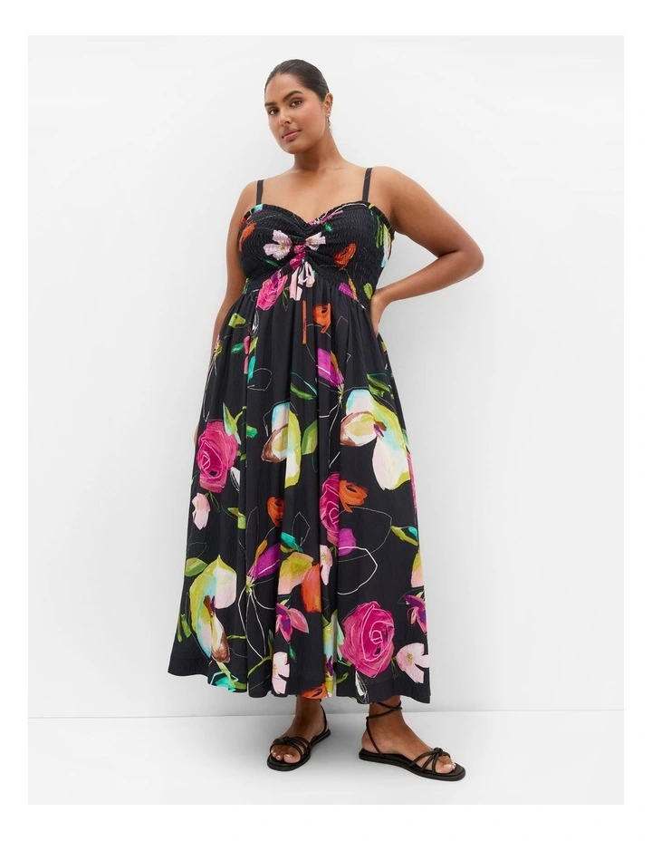 Malina Sketch Print Shirred Maxi Dress in Black image 1