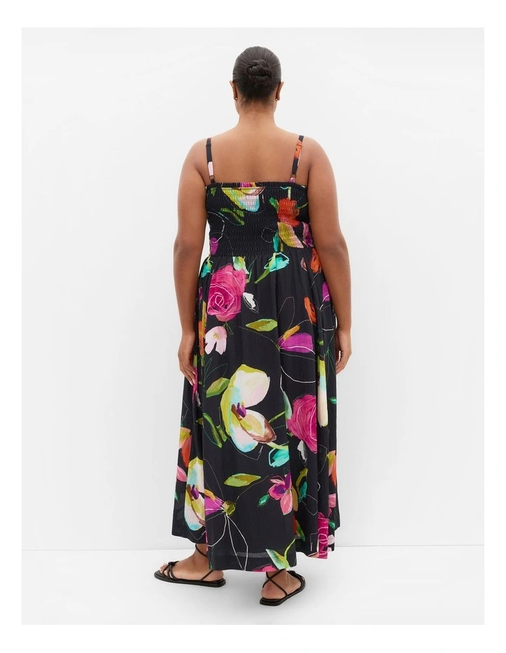 Malina Sketch Print Shirred Maxi Dress in Black image 2