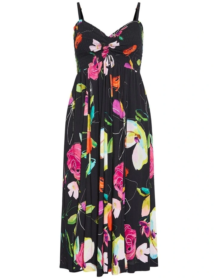 Malina Sketch Print Shirred Maxi Dress in Black image 3
