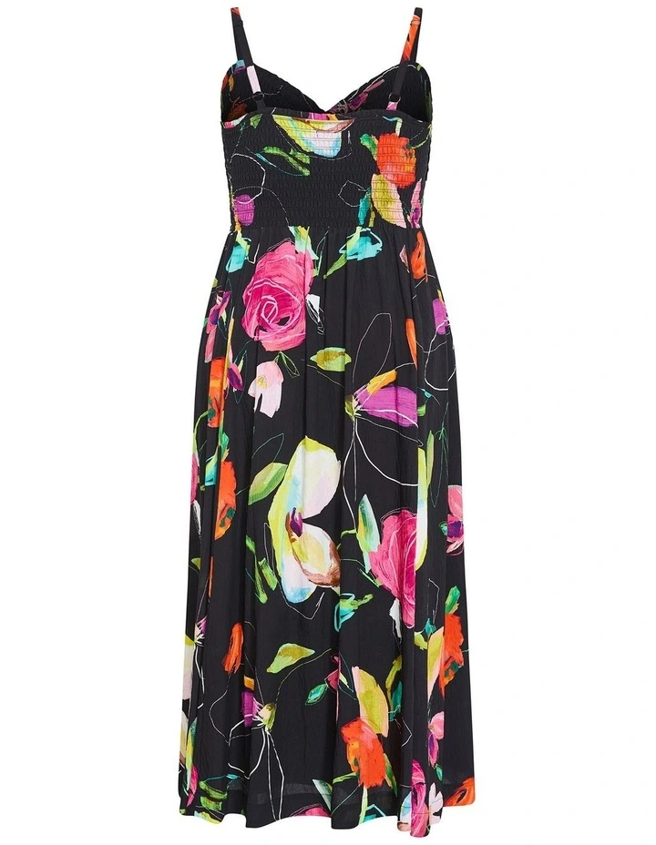 Malina Sketch Print Shirred Maxi Dress in Black image 4