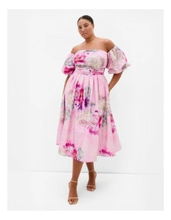 Rosalee Garden Print Puff Sleeve Midi Dress in Pink