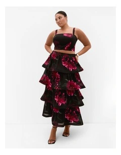 Bianka Bloom Print Tiered Skirt in Black