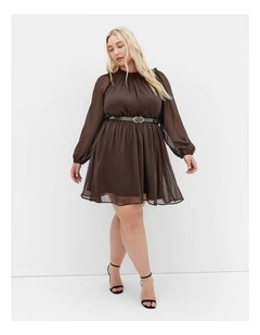Madelynn Ruffle Sheer Sleeve Dress in Chocolate