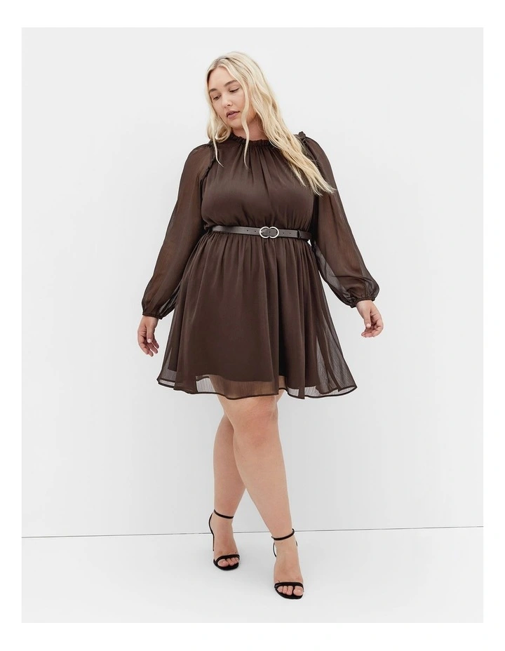 Madelynn Ruffle Sheer Sleeve Dress in Chocolate image 1