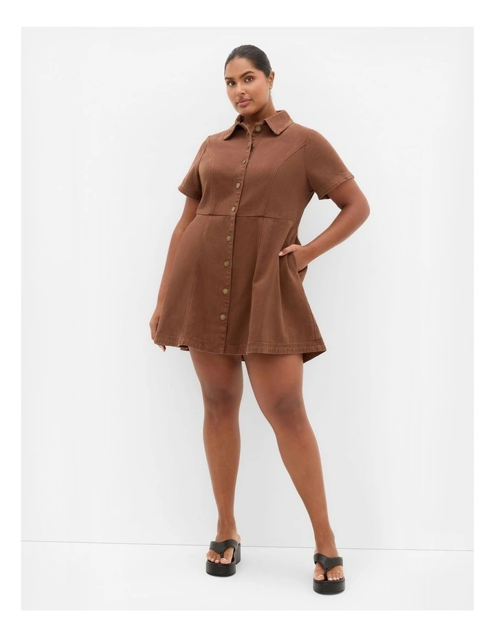 Leia Short Sleeve Drill Mini Dress in Chocolate image 1