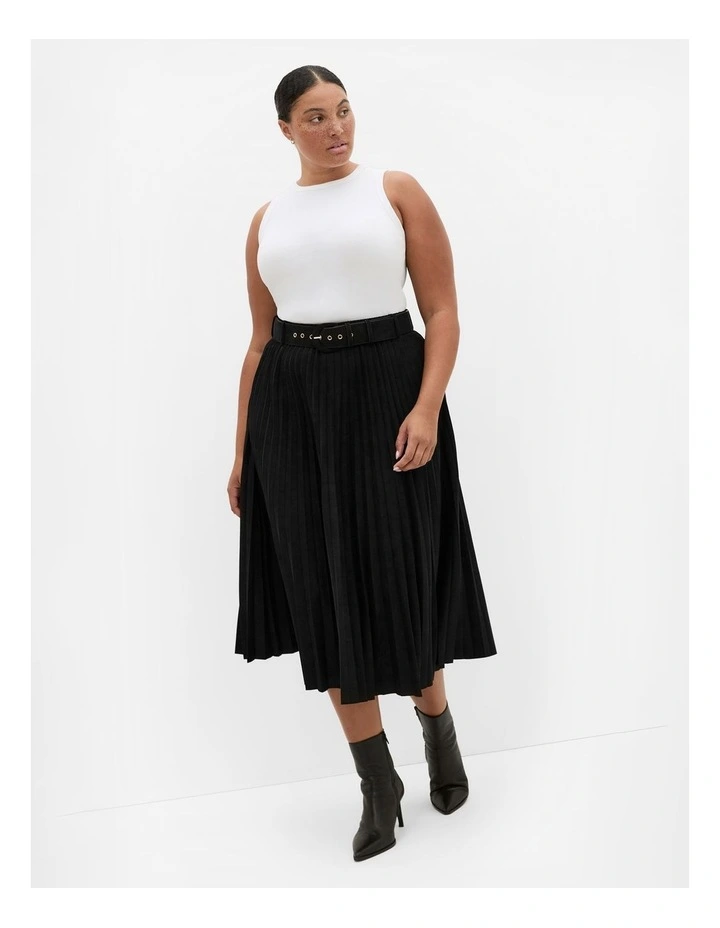 Sueded Pleat Midi Skirt in Black image 1