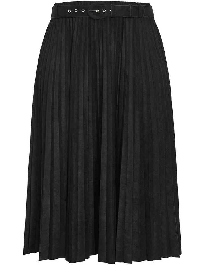 Sueded Pleat Midi Skirt in Black image 3