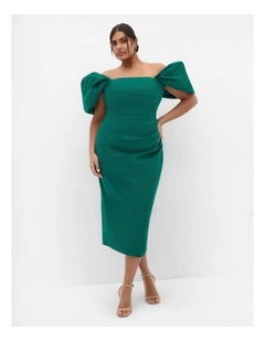 Elyse Off Shoulder Midi Dress in Emerald