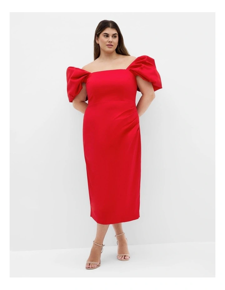 Elyse Off Shoulder Midi Dress in Red image 1