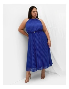 Ruby Halter Pleat Midi Dress in Lapis