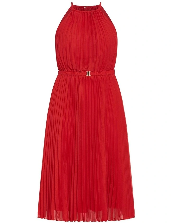 Ruby Halter Pleated Midi Dress in Red image 3