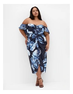 Gina Print Off Shoulder Dress in Blue Rose
