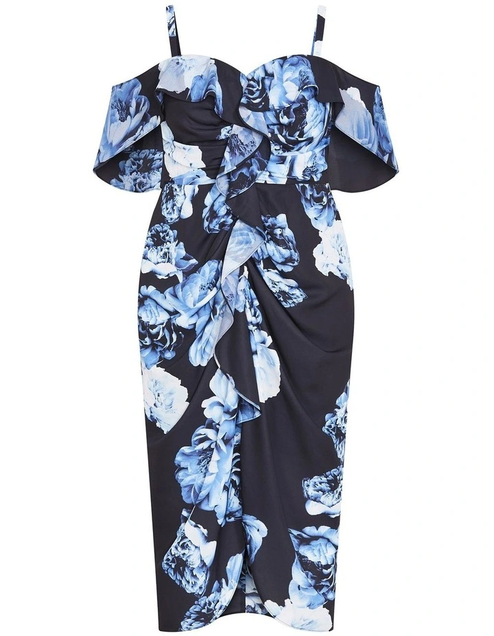Gina Print Off Shoulder Dress in Blue Rose image 3
