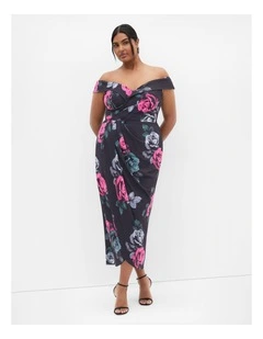 Claire Print Off Shoulder Dress in Black