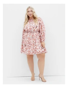 Madelynn Ruffle Sheer Sleeve Print Dress in Bisque