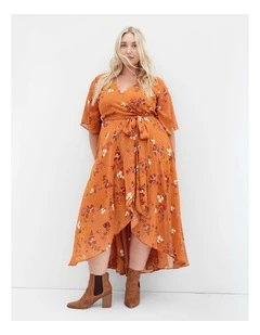 Enthral Maxi Chiffon Wrap Print Dress in Amber