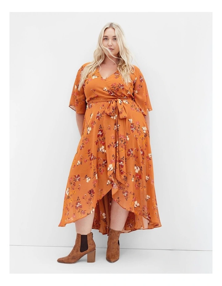 Enthral Maxi Chiffon Wrap Print Dress in Amber image 1