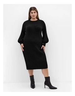 Sarah Long Sleeve Rib Dress in Black