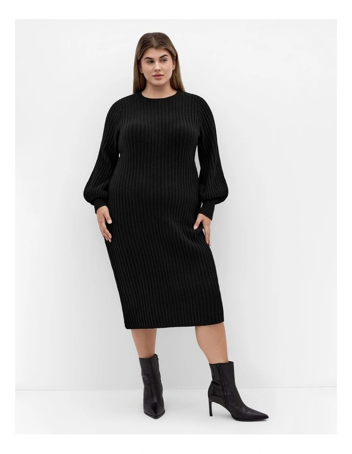 Sarah Long Sleeve Rib Dress in Black image 1