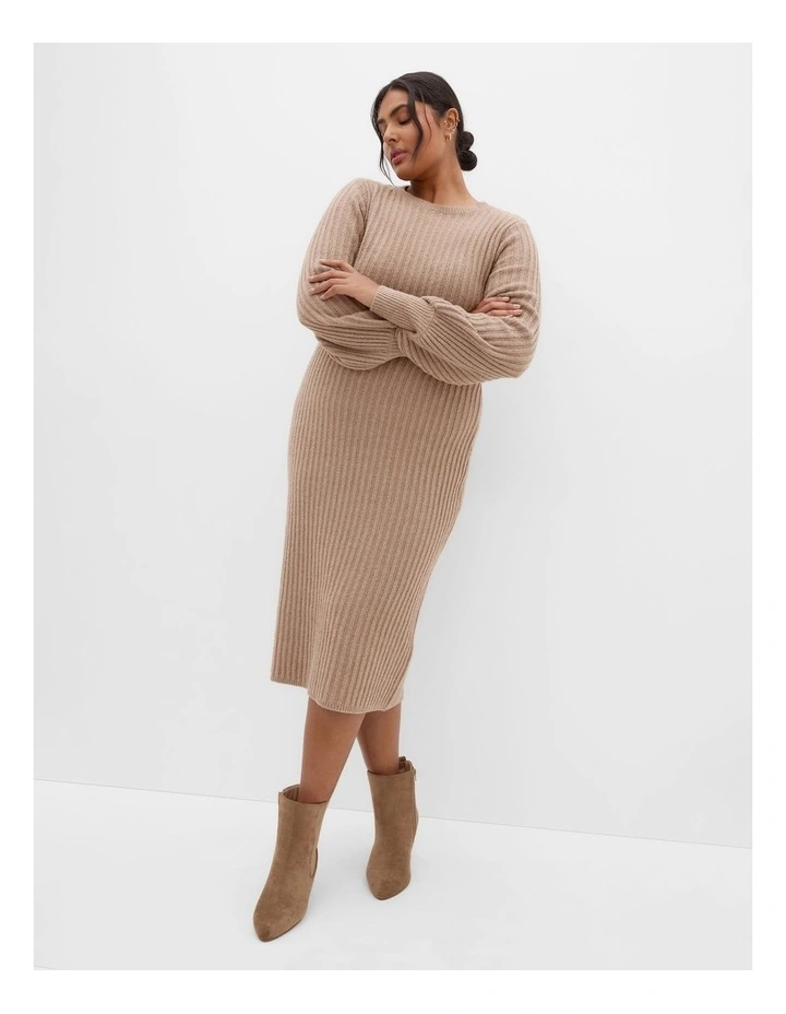 Sarah Long Sleeve Rib Dress in Mushroom image 1